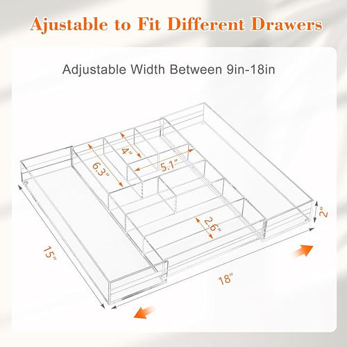 1 Pcs Acrylic Desk Drawer Organizer 9'' up to 17'' x 15'' x 2.1'' Expandable Drawer Organizer Trays with 9 Adjustable Compartments Clear Desk Accessories for Makeup Office Bathroom