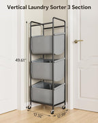 3 Section Laundry Sorter with Removable Bags, 120L Rolling Vertical Laundry Hamper, Stackable Laundry Baskets organizer for Bathroom, Apartment, Dorm (Gray, With Wheel)