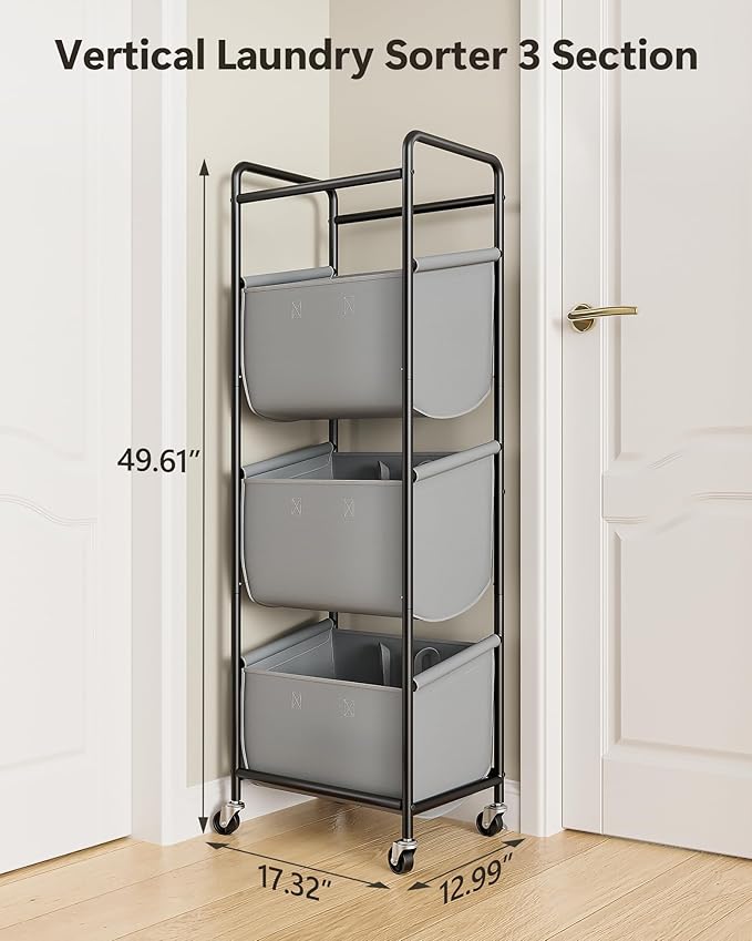 3 Section Laundry Sorter with Removable Bags, 120L Rolling Vertical Laundry Hamper, Stackable Laundry Baskets organizer for Bathroom, Apartment, Dorm (Gray, With Wheel)