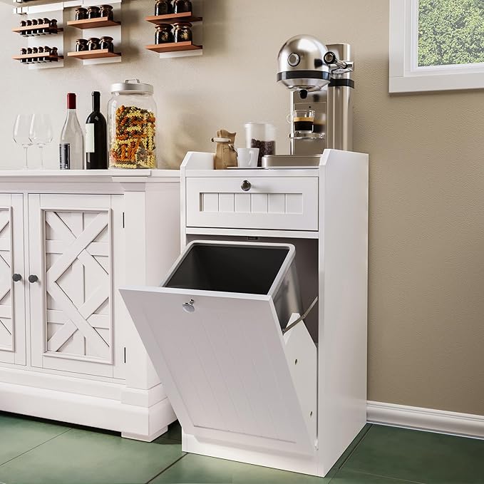 Single Tilt Out Trash Can Cabinet, Dog-Resistant, Fits 13.8"H Bins (Max 11.8"x11.8" Base), Easy Assembly, White for Kitchen & Laundry