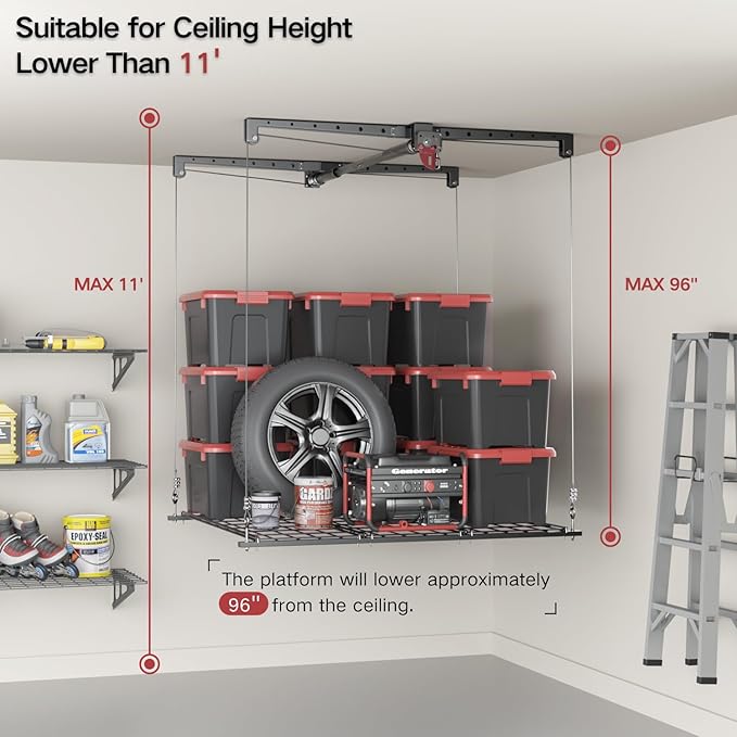 Overhead Garage Storage Lift, Heavy-duty 4x4 Ft Garage Ceiling Storage Racks with Safety Lock, Ideal for Ceiling Storage Lifting Organization System, 250lbs Capacity