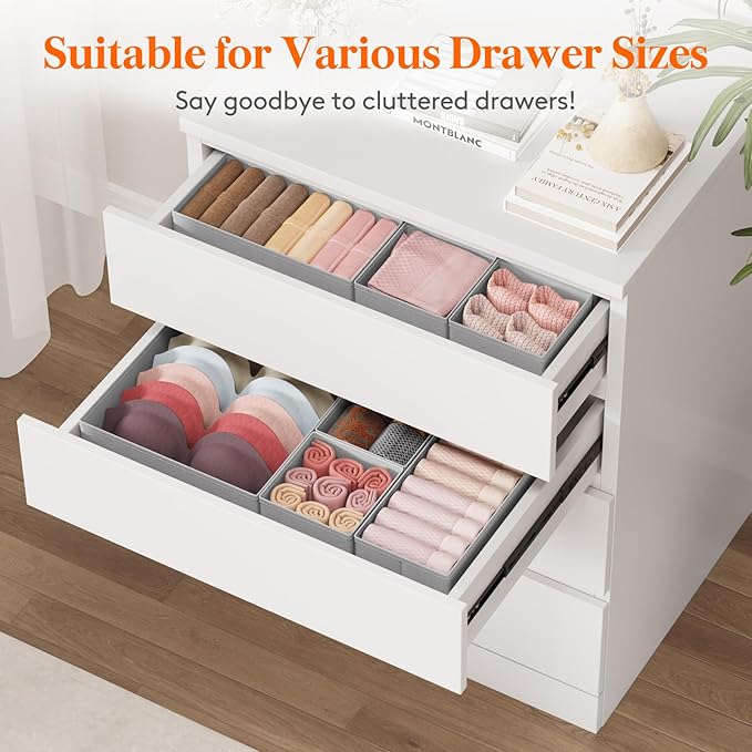 Lifewit Drawer Organizer Clothes for Closet 48 Pack, 3 Sizes Underwear Wardrobe Drawer Dividers, Fabric Foldable Dresser Storage Organizer Bins for Sock/Bra/Lingerie/Undies, Light Gray