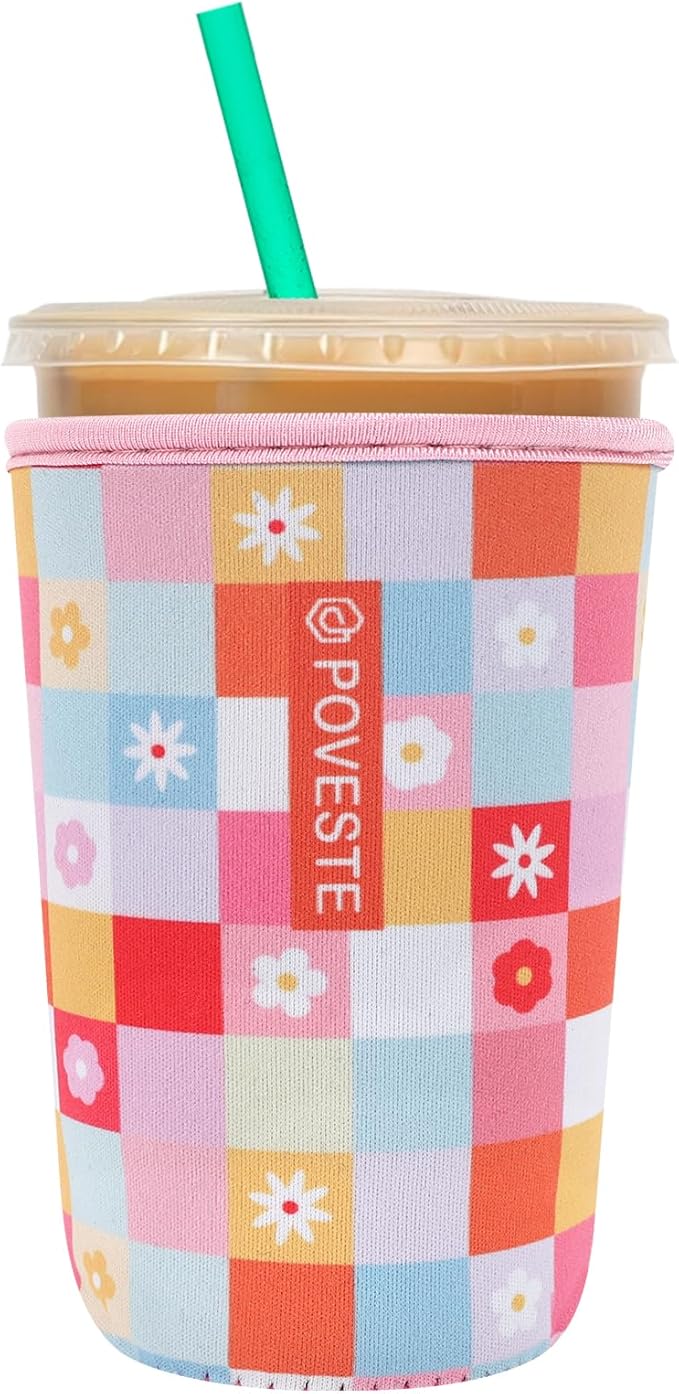 Reusable Neoprene Insulator Sleeve for Iced Coffee & Cold Soda, Coffee Sleeves for Iced & Hot Drinks, Cold Beverage Cooler Compatible with Starbucks, Dunkin (Boho Floral, Medium: 22-24oz)