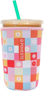 Reusable Neoprene Insulator Sleeve for Iced Coffee & Cold Soda, Coffee Sleeves for Iced & Hot Drinks, Cold Beverage Cooler Compatible with Starbucks, Dunkin (Boho Floral, Medium: 22-24oz)