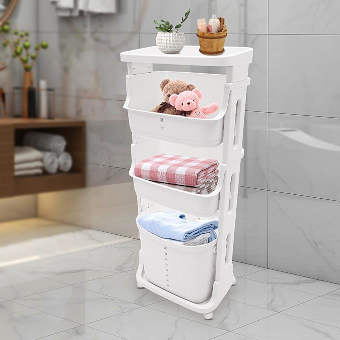 Rolling Laundry Hamper 4 Section Laundry Sorter Cart Vertical Laundry Basket Quad Laundry Sorter for Towels, Blankets & Bathroom Organization White