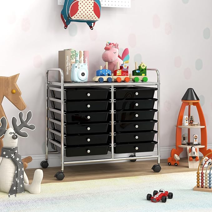 GOFLAME 12-Drawer Rolling Storage Cart, Multifunctional Art Craft Organizer Cart, Mobile Utility Storage Cart with Removable Drawers & Lockable Wheels, Craft Cart for Home Office School, Black