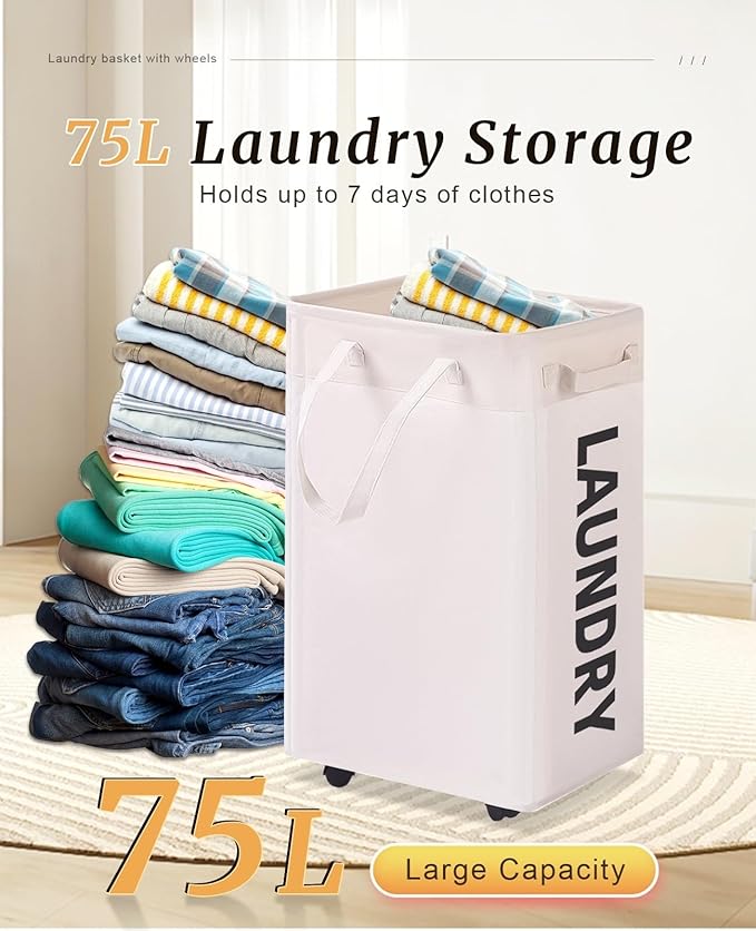 UULANFA Laundry Basket Wheels 75L with Removable Mesh Bag Waterproof Oxford Cloth Suitable for Bedroom Dormitory Clothing Storage Basket (Black*White)