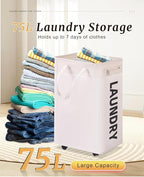 UULANFA Laundry Basket Wheels 75L with Removable Mesh Bag Waterproof Oxford Cloth Suitable for Bedroom Dormitory Clothing Storage Basket (Black*White)