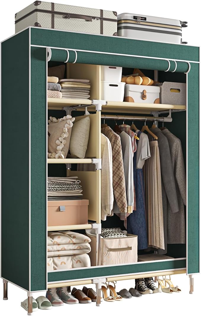 Portable Wardrobe, Simple Wardrobe, with 5 Shelves, Hanging Rod and Non-Woven Fabric Cover, Suitable for Small Spaces.(Green, 41.3 in)