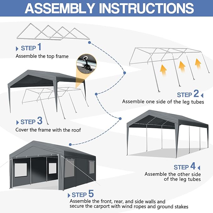 VINGLI 12x20 Carport with Galvanized Steel Frame, Portable Garage with 2 Roll-up Windows & Doors, Removable Sidewalls on Heavy Duty Carport Tents for Cars, Boats, Trucks, Dark Gray