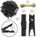 1.35 Inch Mini Clothes Pins for Photo100 Pcs with 32 Feet Jute Twine, Mini Clothes Pins for Crafts, Wooden Small Clothespins for Pictures, Tiny Decorative Clothespins for Baby Shower - Black