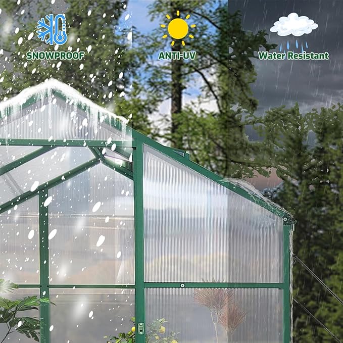 Polycarbonate Greenhouse with Rain Gutter and Roof Vent, Raised Base and Anchor Aluminum Heavy Duty Walk-in Green House, Outdoor Patio Sunroom for All Season (Green, 97*72.83*86.42in)