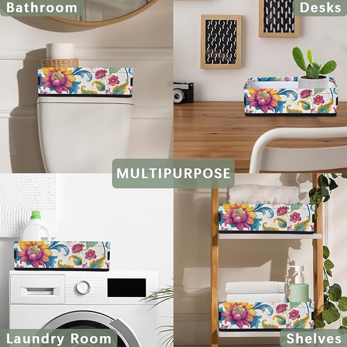 Small Bathroom Baskets for Toilet,Foldable Toilet Paper Tank Basket Organizer for Towels Storage Decorative Open Storage Bins for Home,Closet,Containers,Cabinet（Beautiful Flower ）