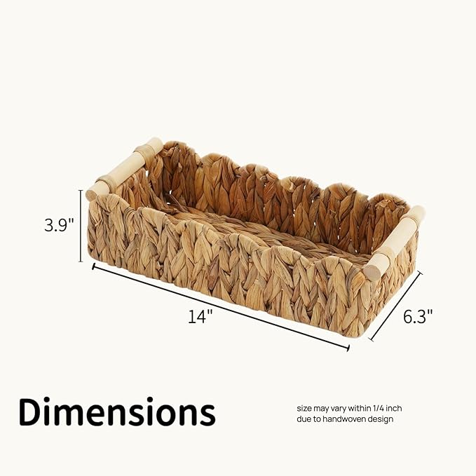 Scalloped Edge Wicker Basket with Wooden Handles, Water Hyacinth Bathroom Counter Organizer for Vanity, Shelves & Coffee Table, Decorative Storage – 14" x 6.3" x 3.9"