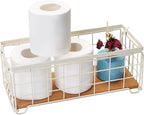 TIEYIPIN Metal Wire Storage Basket, Toilet Paper Roll Holder Wood Base Countertop Decor Box Toilet Tank Shelf Cabinet Organizer for Bathroom Pantry Garage Bedroom Livingroom - Cream White