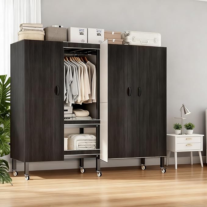 Heavy Duty Portable Closet with Cover Magnetic Doors, Metal Rolling Clothes Rack Heavy Duty 1500LBS, Foldable Clothing Rack, Garment Racks for Bedroom/ LivingRoom/ Rental (KT Woodgrain Black, 59.05in)