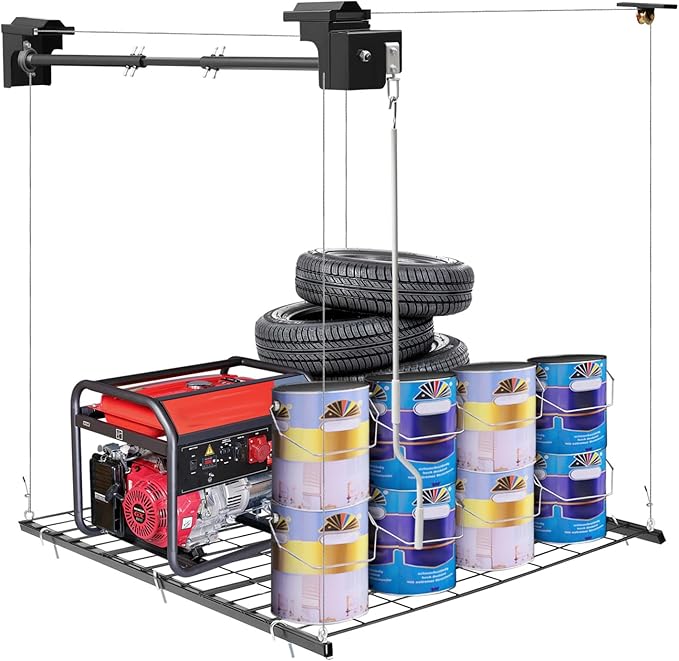 Overhead Garage Storage Rack Metal Garage Ceiling Storage Rack Ceiling Shelf Overhead Organization 250lbs Load Bearing Capacity Max Adjustable Height: 96in (48 * 48in L*W, Matte Black)