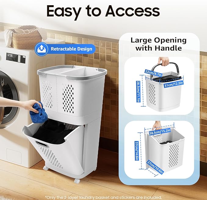 2 Tier Laundry Hamper Basket Sorter with Wheels&Handle,Movable Household Laundry Basket,Large Hand-Held Laundry Basket Clothes Storage Organizer for Bathrooms Bedrooms