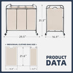 STO STO Laundry Sorter 3 Section, 3 Bag Clothes Hamper, Rolling Laundry Cart Basket with Heavy Duty Lockable Wheels and Removable Bag for Laundry Room, Bedroom, Closet, Beige