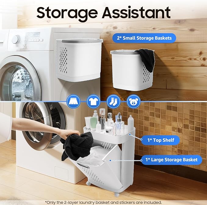 2-Tier Rolling Laundry Hamper Sorter, Portable Laundry Basket Cart with Wheels and Handle, Detachable Rolling Laundry Basket 3 Section, Laundry Sorter for Bathroom, Bedroom