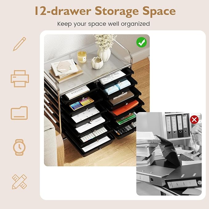 GOFLAME 12-Drawer Rolling Storage Cart, Multifunctional Art Craft Organizer Cart, Mobile Utility Storage Cart with Removable Drawers & Lockable Wheels, Craft Cart for Home Office School, Black