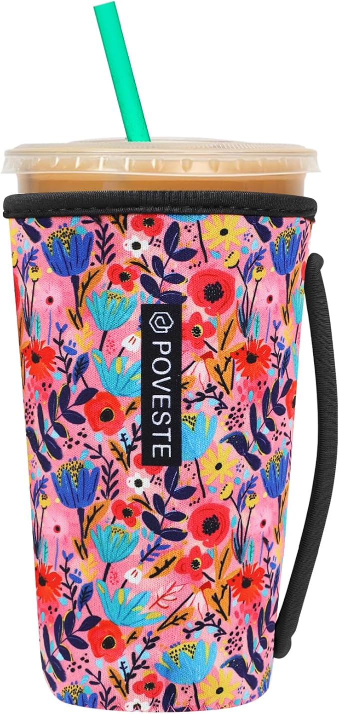 Reusable Neoprene Insulator Sleeve for Iced Coffee & Cold Soda, Coffee Sleeves for Iced & Hot Drinks, Cold Beverage Cooler Compatible with Starbucks, Dunkin (Abstract Flower, Large: 32oz)