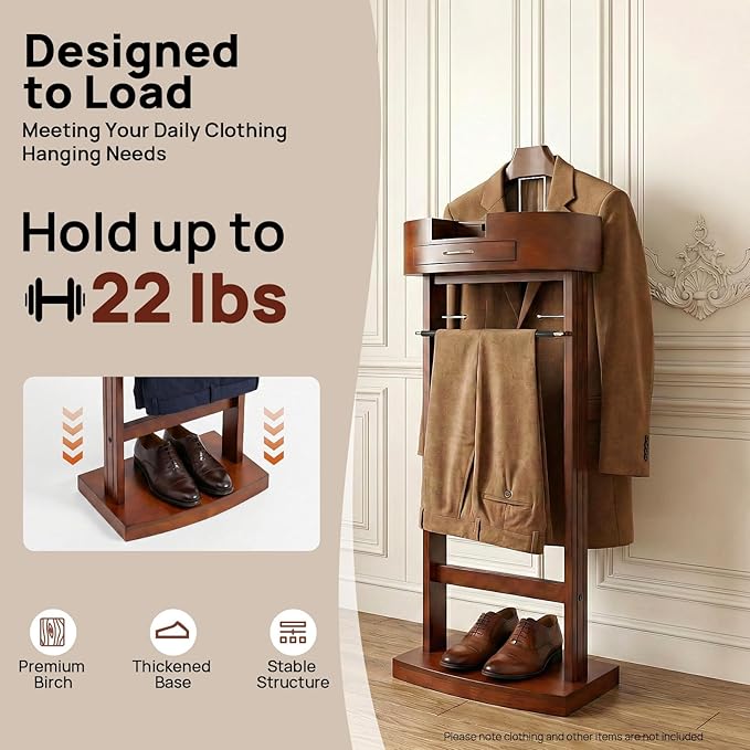 Wood Suit Rack, Freestanding Clothing Valet Stand, Wood Suit Valet Stand Clothes Rack with Tray and Drawer for Hats, Scarves, Bags, and Clothes for Bedroom, Living Room, Hallway, Apartment