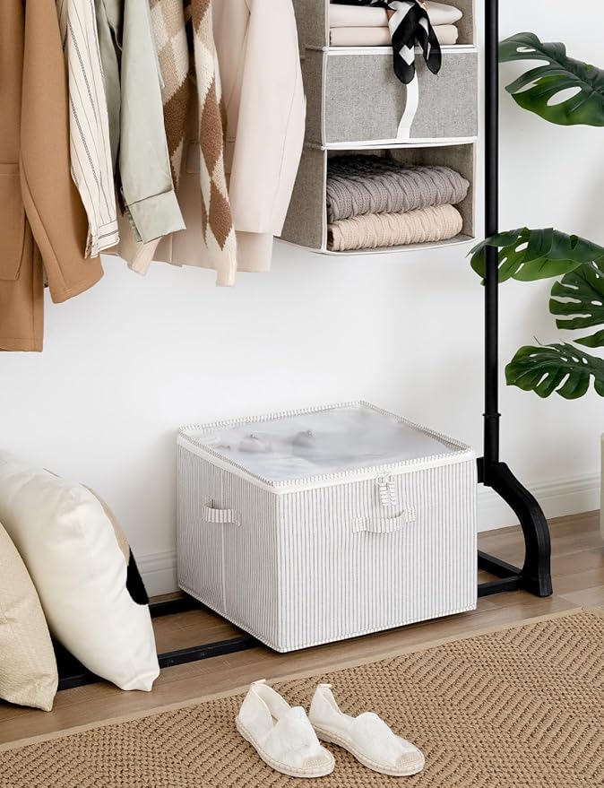 StorageWorks Shoe Organizer for Closet, Fits up to 16 Pairs, Shoe Cubby Storage Containers with Adjustable Dividers and Clear Cover, Gray and White Stripes