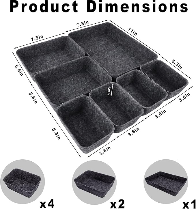 Drawer Organizer Compatible with Alex – 7 Pack Felt Desk and Makeup Drawer Organizers, Soft Storage Bins for Office, Vanity, Bedroom, and Dresser Drawers