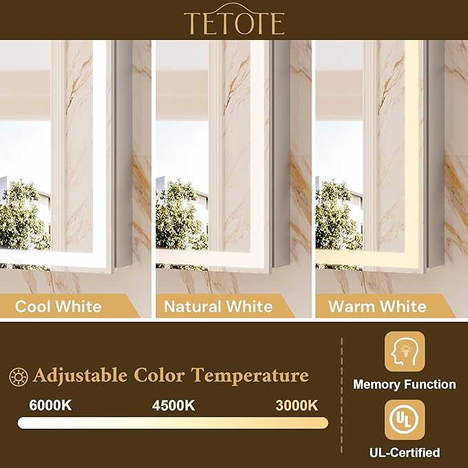 TETOTE 30 x 26 LED Lighted Medicine Cabinet with Mirror with Adjustable Shelves, Silver Aluminum Cabinet, Anti-Fog Stepless Dimmable 3 Colors White/Warm/Natural, Easy to Install(Wall Mount/Recessed)