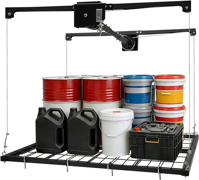 Overhead Garage Storage Rack, 4x4Ft Ceiling Storage Lift 79in Adjustable Height Garage Storage Organization Systerm, Heavy Duty Metal Garages Ceiling Storage Racks, 300lbs Load Capacity (Satin Black)