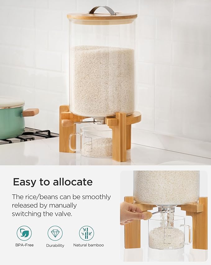 HBlife 14-16 Lbs Glass Rice Dispenser with Wooden Stand Flour and Cereal Container with Glass Measuring Cup Pantry Food Organization Storage Bin with Airtight Bamboo Lid, 8L
