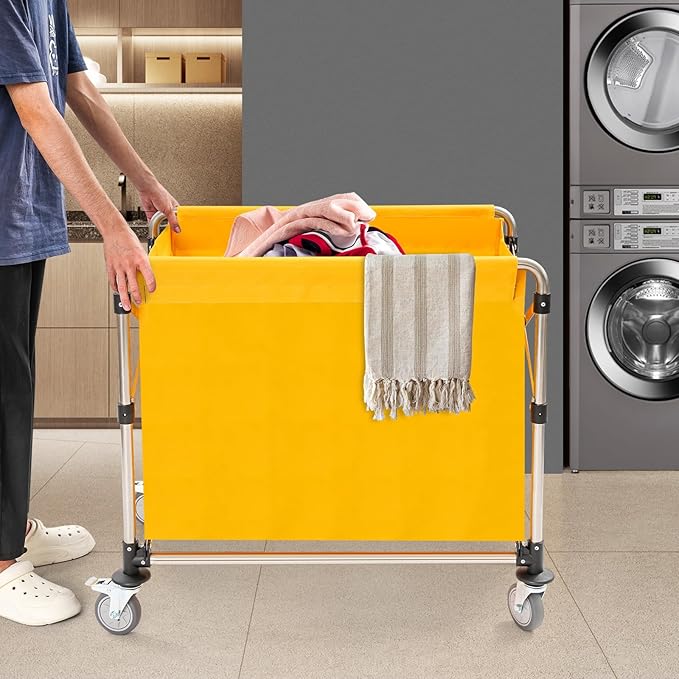 Commercial Laundry Cart with Wheels | Large Laundry Basket with Wheels | Foldable Laundry Hamper | Laundry Sorter for Clothes Storage | Ox Cloth | 440 lbs Load | 34.25x20.47x30.7in (Yellow)