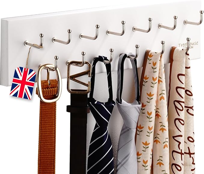 Treehouse Belt Organizer Rack, Holds Over 28 Large Belts, Sturdy Metal & Solid Wood Storage Holder for Closet, Versatile, Wall Mounted Belt & Tie Display Hanger for Bedroom - (White)16''L x4.25''H