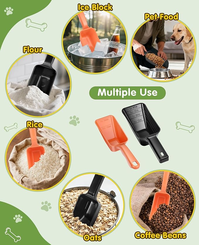 2 Pack Dog Food Scoop with 1 Cup and 2 Cup Capacity, Plastic Pet Food Measuring Scoops with Clear Measurement Lines for Dogs, Cats & More,Dishwasher safe (Orange and Black)