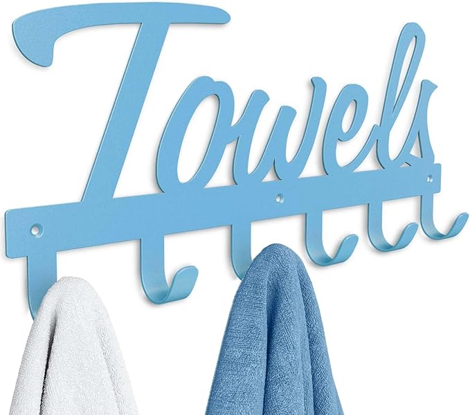Livelab Towel Rack, Towel Racks for Bathroom Wall Mounted, 6 Hooks Blue Metal Towel Holder for Bathroom Space Saving, Waterproof Rustproof Easy Install Bathroom Decor Towel Hanger Organizer