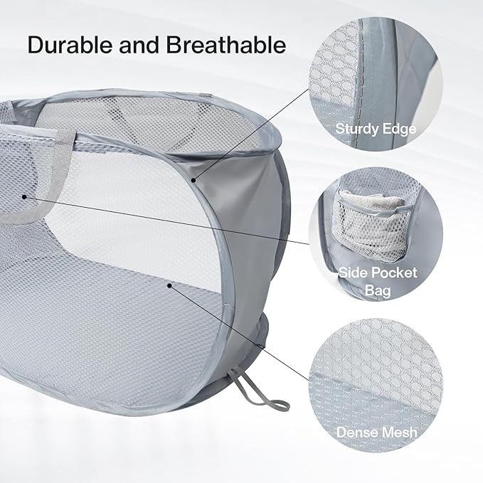 Pop Up Laundry Hamper, Large Collapsible Clothes Basket with Sturdy Handles, Foldable Mesh Storage Bin for Home, Dorm, Travel, Black