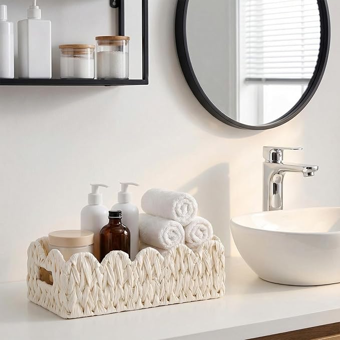 3Pack Toilet Paper Basket for Organizing Scalloped Edge Wicker Basket with Handles Toilet Tank Paper Holder Storage for Bathroom Bedroom Countertop Shelf Decor (Beige,Plastic)