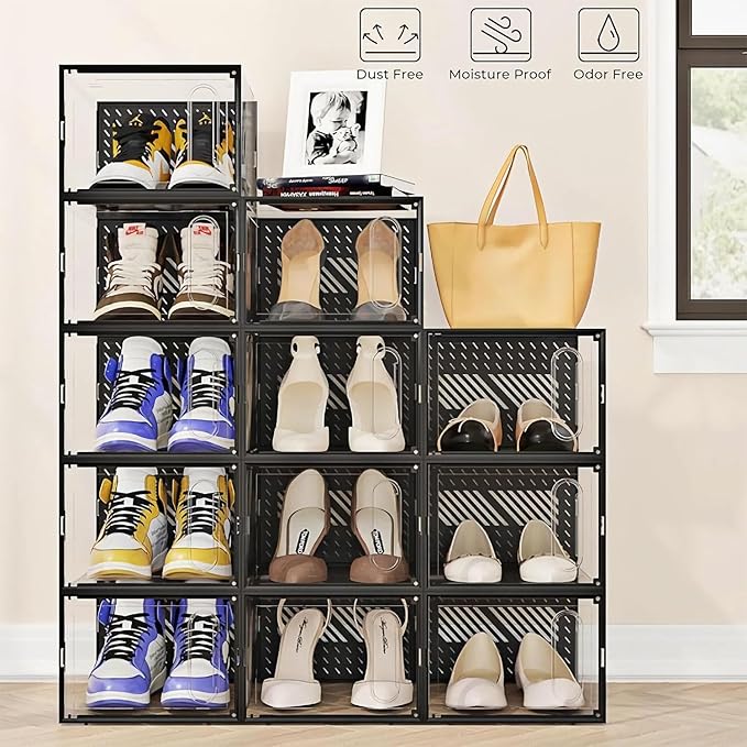 12 Packs Clear Plastic Shoebox With Magnetic Door, Large(13" × 9" × 5.6") Stackable Shoe Box Storage With Lids, Multifunctional Sneaker Containers, Toy Storage, Space-Saving Shoe Rack Black