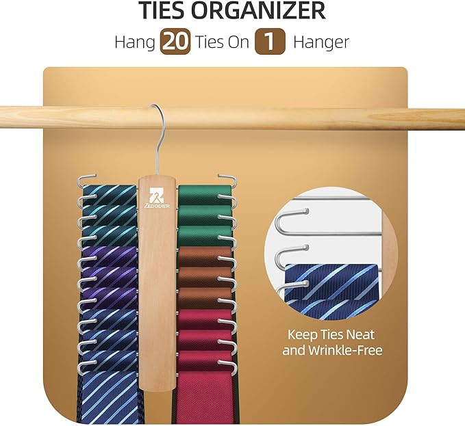 ZEDODIER 2 Pack Wooden Tie Rack, Tie Hanger for Men Closet, 40 Storage Capacity, Non-Slip Rotatable Tie Organizer, Hanging Space Saving Holder, Natural
