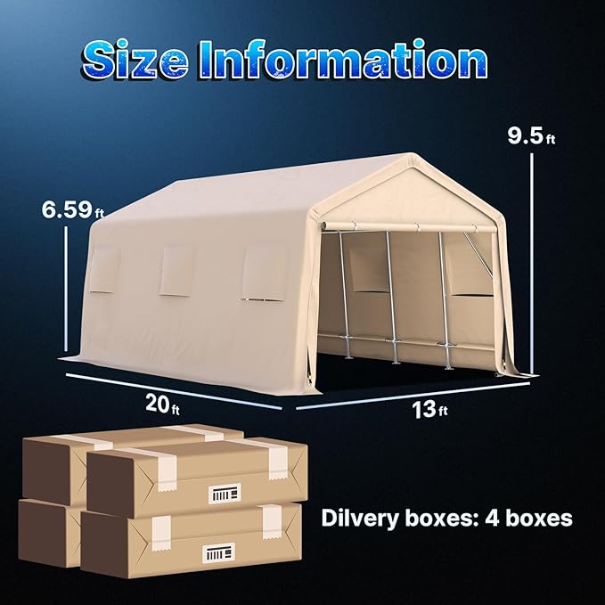 ADVANCE OUTDOOR 13x20 ft Carport 2 Roll up Doors & Vents Outdoor Portable Storage Shelter Garage Tent for Vehicle Boat Truck Anti-UV Snow Resistant Waterproof, Beige