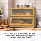 Bamboo Bread Box for Kitchen Countertop, Double Layer Large Bread Storage Container for Homemade Bread with Window & Lid, Bread Keeper Holder,Wood Color