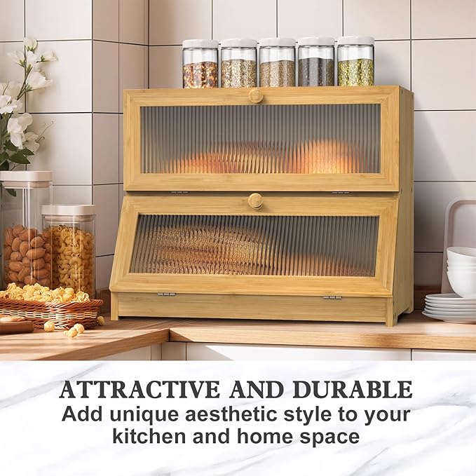 Bamboo Bread Box for Kitchen Countertop, Double Layer Large Bread Storage Container for Homemade Bread with Window & Lid, Bread Keeper Holder,Wood Color