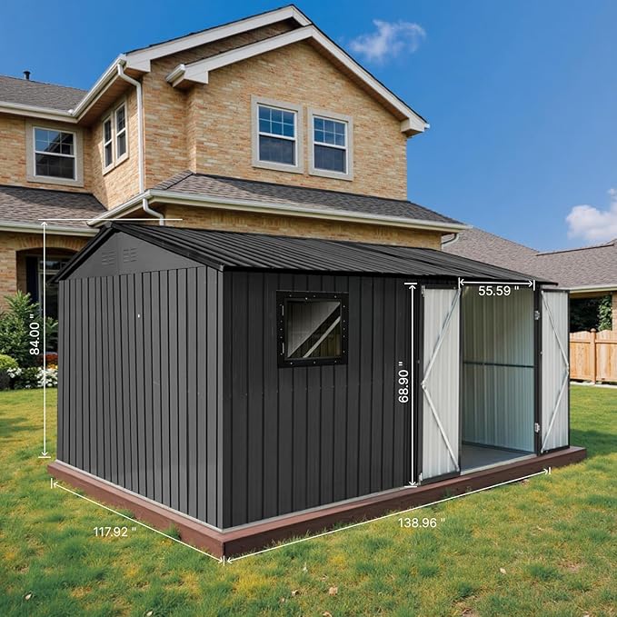 12' x 10' XL Outdoor Storage Shed, Sturdy Metal Building w/Floor and Operable Window for Garden, Backyard, Poolside and Lawn, Black