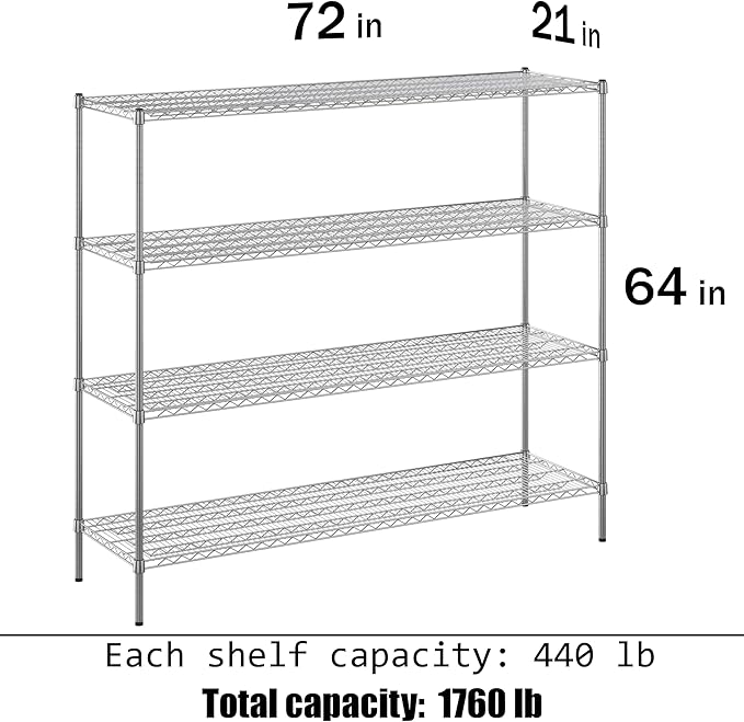 21" Deep x 72" Wide x 64" Height Wire Shelving Kit | 4-Tier | NSF Commercial Storage Rack Unit