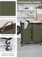 StorageWorks 390L Extra Large Laundry Hamper with Wheels, 2 Sections Laundry Basket with Wheels, Clothes Sorter Cart with Divider for Hotel, Home, Green, 37.75"L x 17"W x 37.5"H