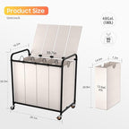Laundry Sorter 4 Sections 48 Gal, Rolling Laundry Basket with Lockable Wheels and Lid, Laundry Hamper with 4 Separated Removable Bags Dirty Clothes Hamper for Laundry Room Organizer, White