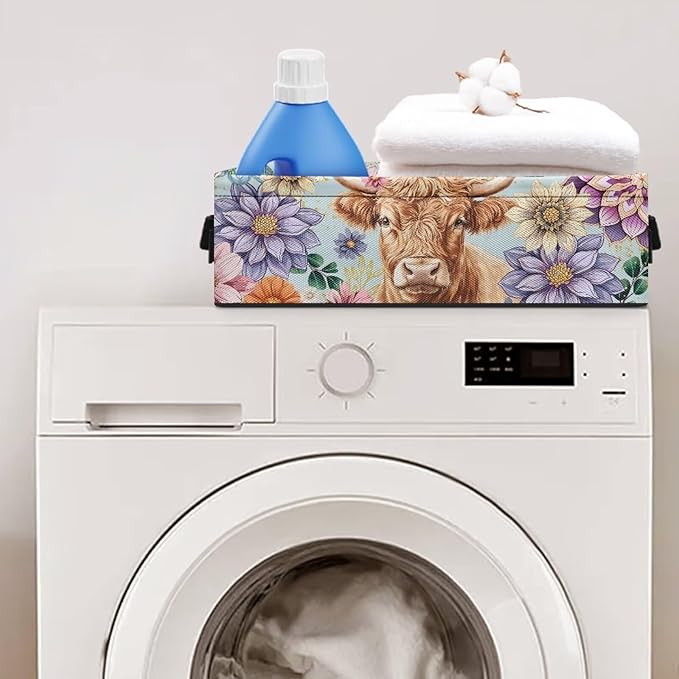 Narrow Storage Basket Small Toilet Paper Storage Bins Collapsible Canvas-like Fabric Organizer for Bathroom Kitchen Living Room Accessories and Decor, Boho Flower Highland Cow