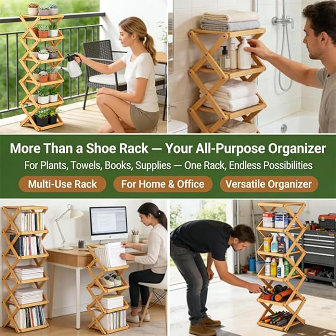 The 9-Tier No-Assembly Bamboo Rack, Foldable Stackable 9 Tier Bamboo Shoe Rack Vertical Storage Sturdy & Stable, Tall Narrow Space-Saving Expandable Shoe Rack for Entryway Closet Dorm (Nature,3 Tiers)