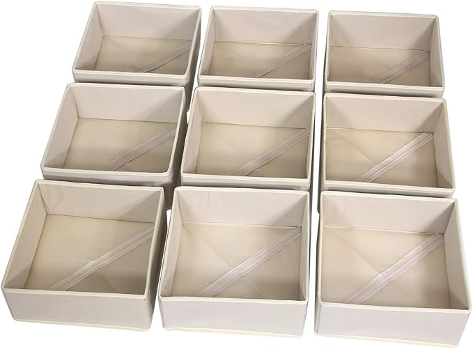 DIOMMELL 9 Pack Foldable Cloth Storage Box Closet Dresser Drawer Organizer Fabric Baskets Bins Containers Divider for Clothes Underwear Bras Socks Clothing, Beige 900